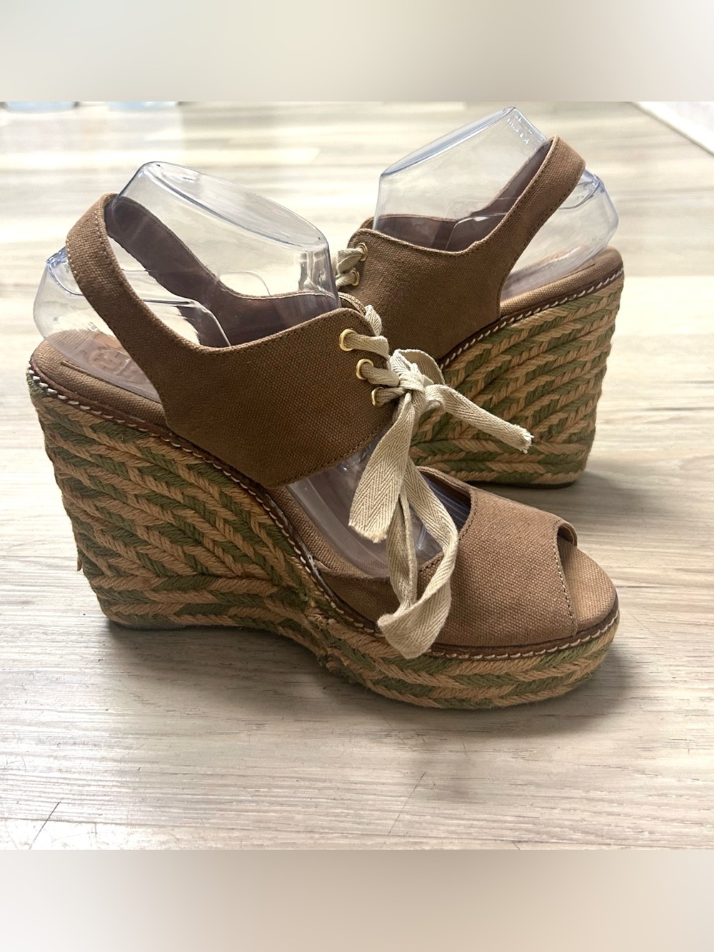 Tory Burch Wedge Sandals Womens 9M Linley Espadrille Platform Tan Olive Lace Up - Picture 7 of 14